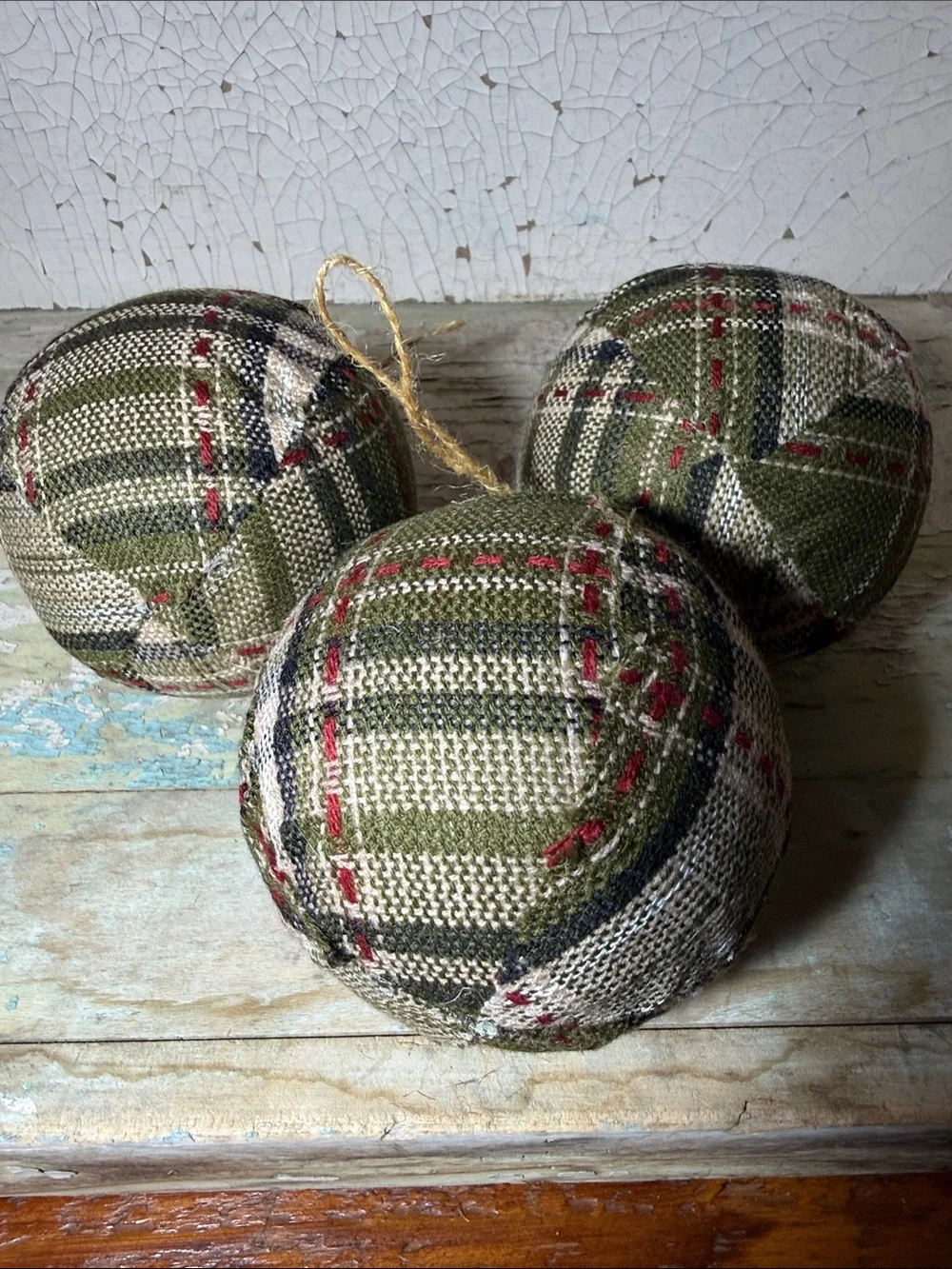 🎄 3 - 4” Rustic Green Plaid Holiday Fabric Ornaments